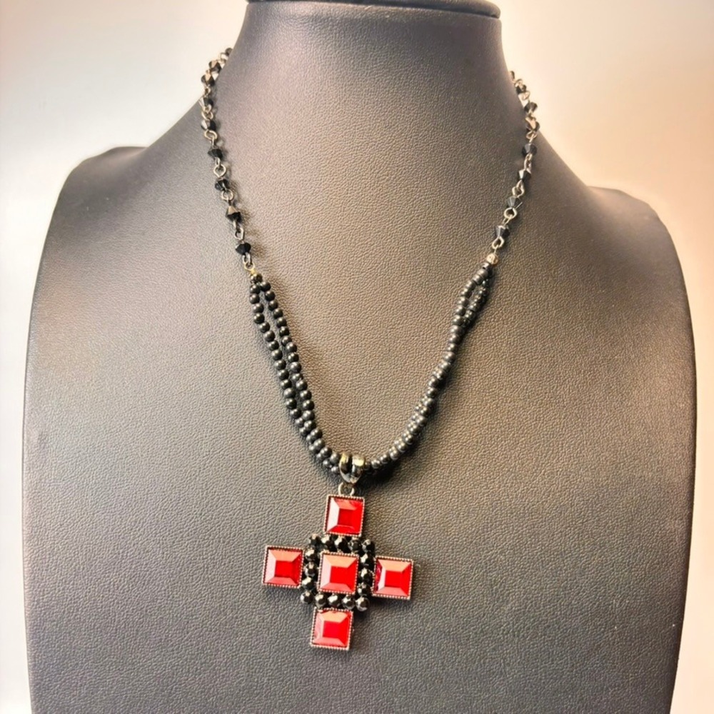 1928 Cross Necklace Red Black Goth Statement Pendant Dark Academia Boho Chic